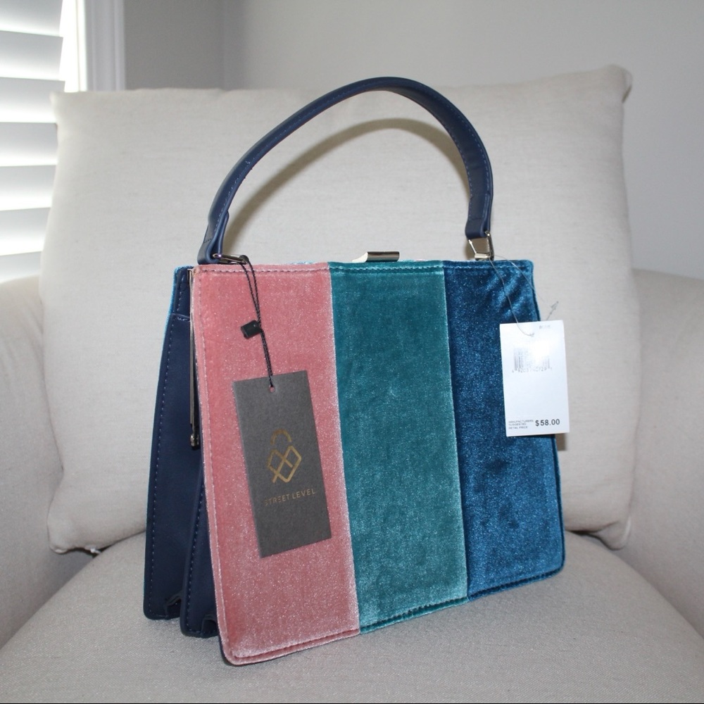 Velvet Colorblock Handbag (Blue/Pink) - Picture 7 of 16